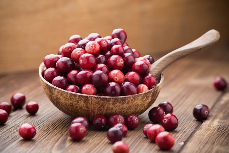 Cranberries in wooden bowl on wooden background.